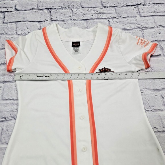 Harley Davidson Baseball T-Shirt Tee Stripe White Orange Dallas sz Medium Button - Picture 8 of 10